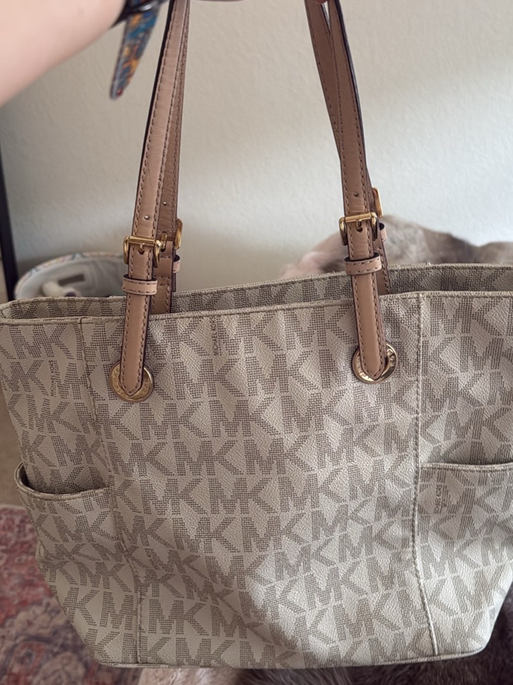 Michael Kors Taupe MK Logo Tote with Tan Leather Straps